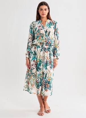 Robe mi-longue imprimé fleurs manches longues vert B.YOUNG femme