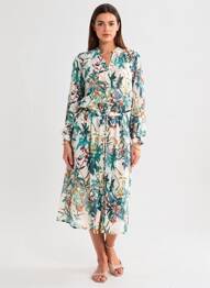 Robe mi-longue imprimé fleurs manches longues vert B.YOUNG femme