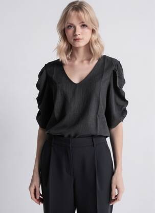 Top tissage crêpe manches 3/4 noir ICHI femme