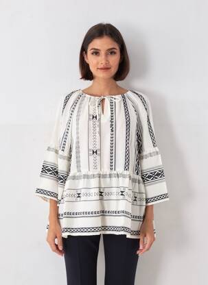 Blouse tissage popeline manches 3/4 blanc ICHI femme