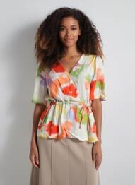 Top imprimé fantaisie manches courtes orange ICHI femme