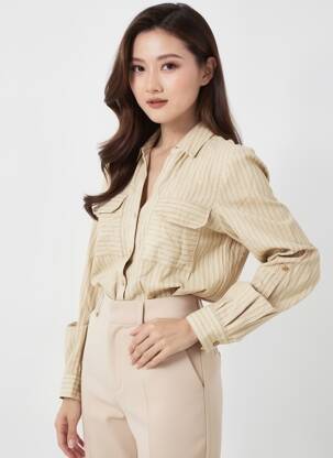 Chemisier tissage popeline manches longues beige VERO MODA femme
