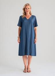 Robe mi-longue fermeture zippée au dos manches courtes bleu GEVANA femme