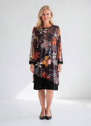 Robe mi-longue imprimé fantaisie manches longues marron GUY DUBOUIS femme