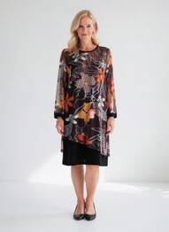 Robe mi-longue imprimé fantaisie manches longues marron GUY DUBOUIS femme