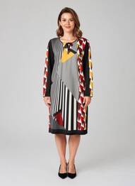 Robe mi-longue imprimé fantaisie manches longues noir GUY DUBOUIS femme
