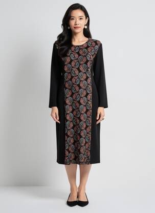 Robe mi-longue imprimé fantaisie manches longues noir GEVANA femme