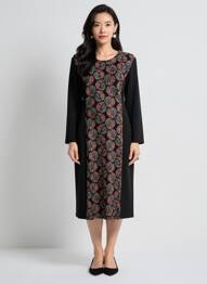Robe mi-longue imprimé fantaisie manches longues noir GEVANA femme