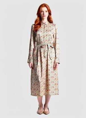 Robe mi-longue imprimé fleurs manches longues jaune OBJECT femme