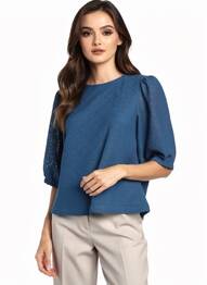 Top tissage crêpe manches 3/4 bleu OBJECT femme