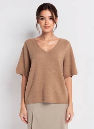 Pull col v manches courtes marron PLEASE femme