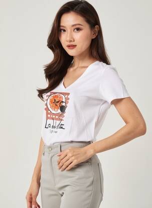 T-shirt col v manches courtes blanc PLEASE femme
