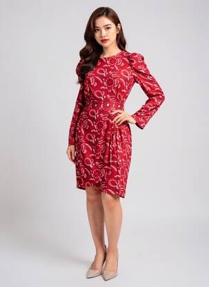 Robe mi-longue imprimé fantaisie manches longues rouge SUNCOO femme
