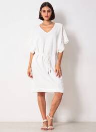 Robe mi-longue tissage crêpe manches courtes blanc SUNCOO femme