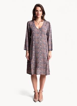 Robe mi-longue imprimé fantaisie manches longues marron GARANCE femme