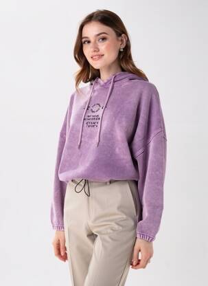 Sweat-shirt à capuche broderie manches longues violet ROSE GARDEN femme