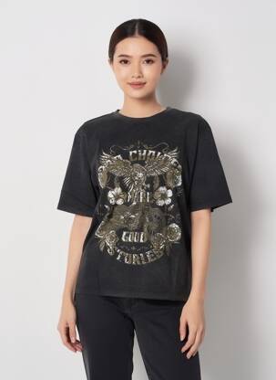 T-shirt coupe droite manches courtes noir ROSE GARDEN femme