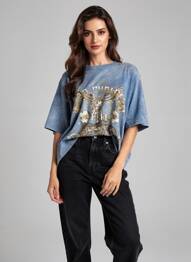 T-shirt coupe droite manches courtes bleu ROSE GARDEN femme