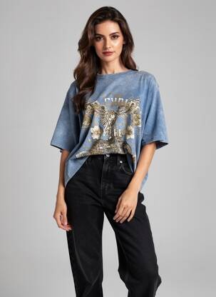 T-shirt coupe droite manches courtes bleu ROSE GARDEN femme