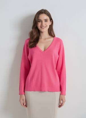 Pull col v manches longues rose ICHI femme