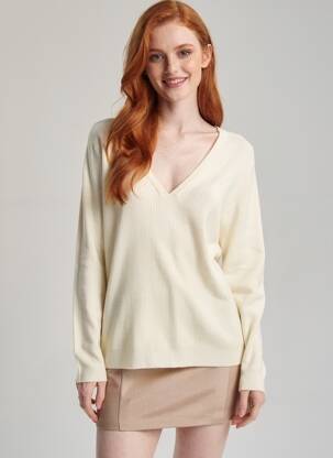 Pull col v manches longues beige ICHI femme