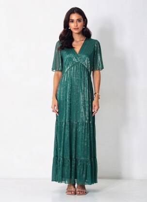 Robe longue manches courtes manches courtes vert GRACE & MILA femme