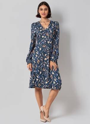 Robe mi-longue imprimé fantaisie manches longues bleu B.YOUNG femme