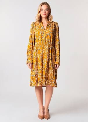 Robe mi-longue imprimé fleurs manches longues jaune ICHI femme