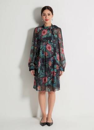 Robe mi-longue imprimé fantaisie manches longues noir MOLLY BRACKEN femme