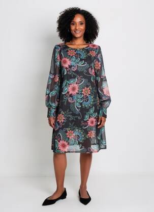 Robe mi-longue imprimé fantaisie manches longues noir MOLLY BRACKEN femme