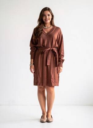 Robe pull col v manches longues marron B.YOUNG femme