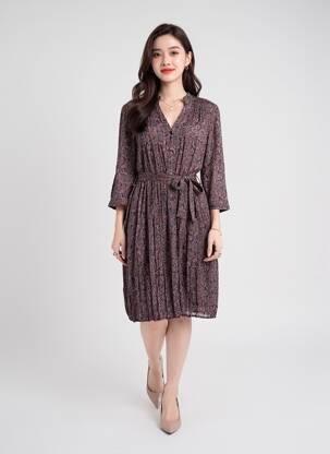 Robe mi-longue imprimé fleurs manches 3/4 noir GRACE & MILA femme