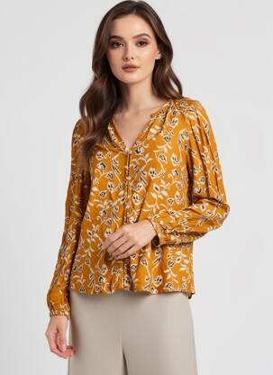 Chemisier imprimé fleurs manches longues jaune ICHI femme