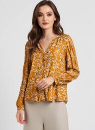 Chemisier imprimé fleurs manches longues jaune ICHI femme