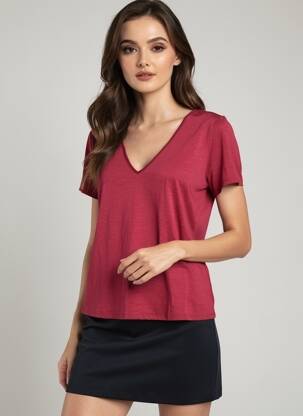 T-shirt col v manches courtes rouge JACQUELINE DE YONG femme