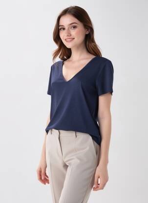 T-shirt col v manches courtes bleu JACQUELINE DE YONG femme