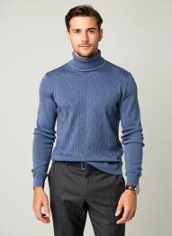 Pull col roulé manches longues manches longues bleu OLYMP homme