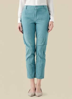 Pantalon 7/8 fermeture zippée sous rabat boutonné bleu HAPPY femme