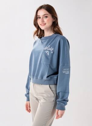 Sweat-shirt broderie manches longues bleu ROSE GARDEN femme