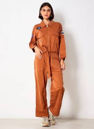 Combi-pantalon col chemisier manches longues marron ROSE GARDEN femme