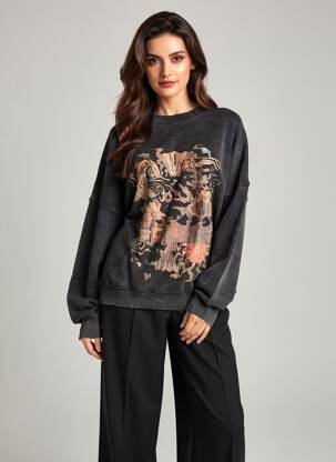 Sweat-shirt sérigraphie floquée manches longues noir ROSE GARDEN femme