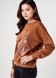 Sweat-shirt sérigraphie floquée manches longues marron ROSE GARDEN femme