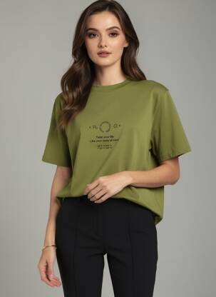 T-shirt sérigraphie floquée manches courtes vert ROSE GARDEN femme