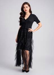 Robe longue manches courtes manches courtes noir MC LORENE femme