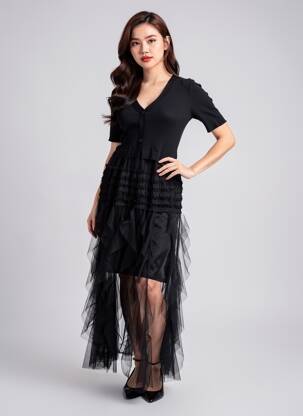 Robe longue manches courtes manches courtes noir MC LORENE femme