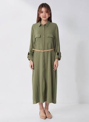 Robe longue tissage popeline manches longues vert TIFFOSI femme