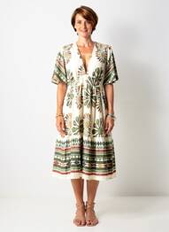 Robe mi-longue imprimé fantaisie manches courtes blanc BY ONE femme