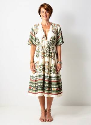Robe mi-longue imprimé fantaisie manches courtes blanc BY ONE femme