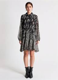 Robe mi-longue imprimé fantaisie manches longues noir MOLLY BRACKEN femme