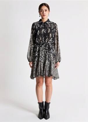 Robe mi-longue imprimé fantaisie manches longues noir MOLLY BRACKEN femme